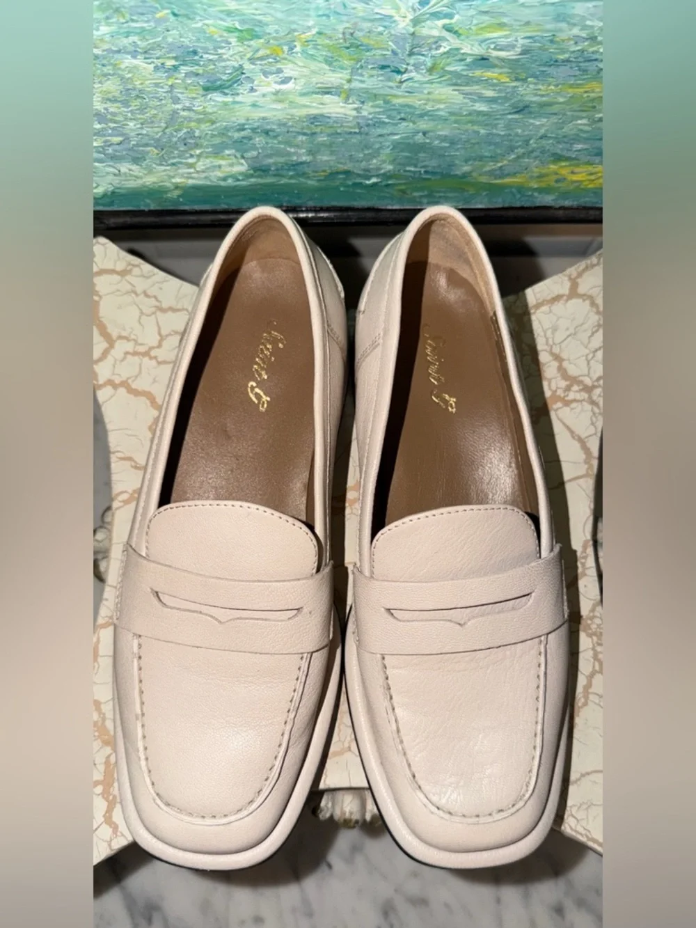 SAINT G Carla Off-White Leather Penny Loafers - Classic Slip-On Dress Shoes